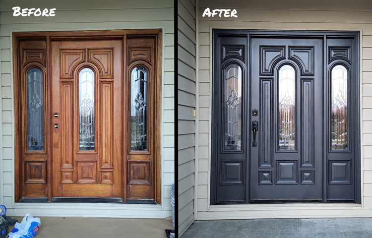 A before and after of a front door of a house. The before has a dark wood color, the after is painted a dark grey color.