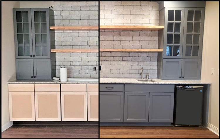 A split picture showing a before and after view of a line of cabinets.