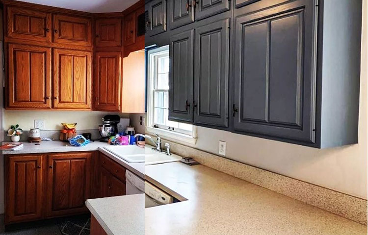 Before and after picture of kitchen cabinets. The before shows a dark wood color, and the after is a medium gray.